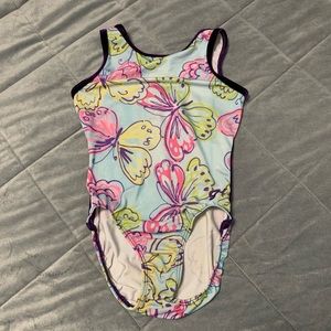 GK Light Blue Butterflies Girl’s Gymnastics Leotard with Purple Velvety Trim
